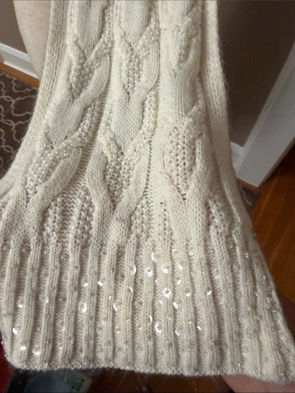Talbots Cream Cable Knit Scarf -sequin edges  good condition
